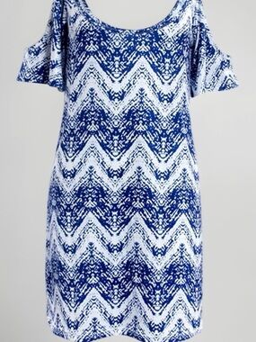 Venus Cold-Shoulder Chevron Print Dress in Blue and White